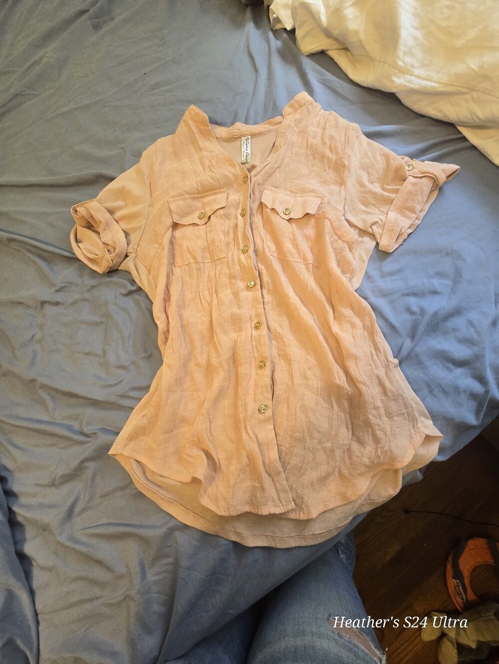 PerSeption Concept, Peach Button-Front Short Sleeve Shirt.